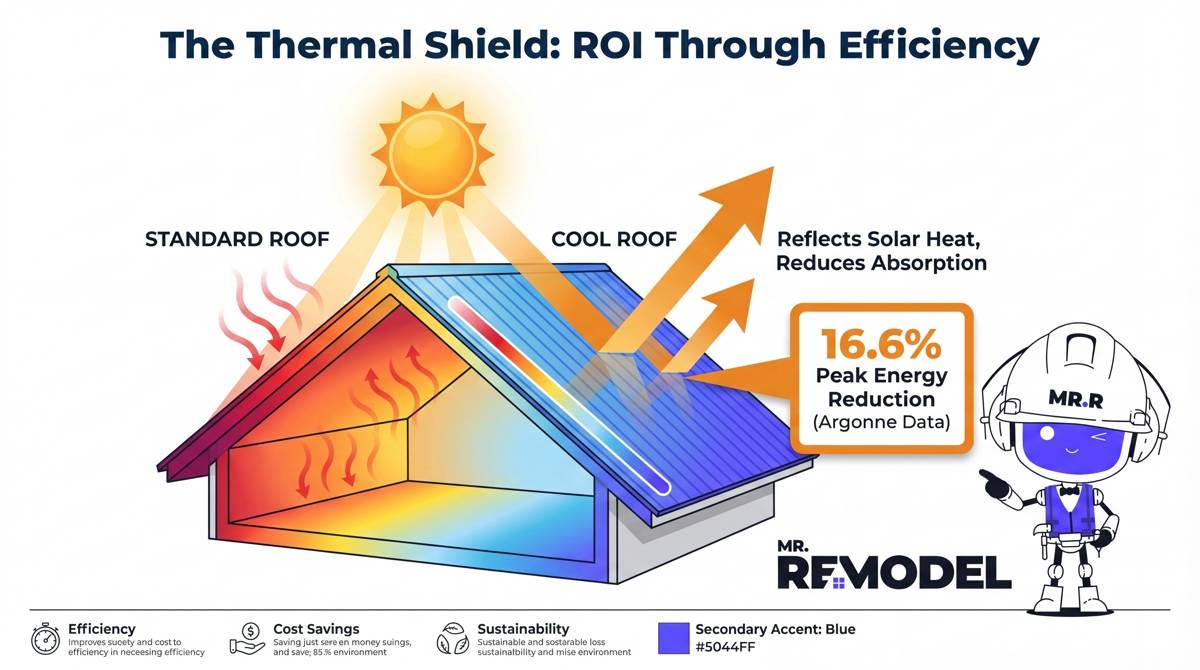 A technical infographic illustrating the energy-saving ROI of modern roofing materials, which can reduce air conditioning demand by over 16% during peak heat.